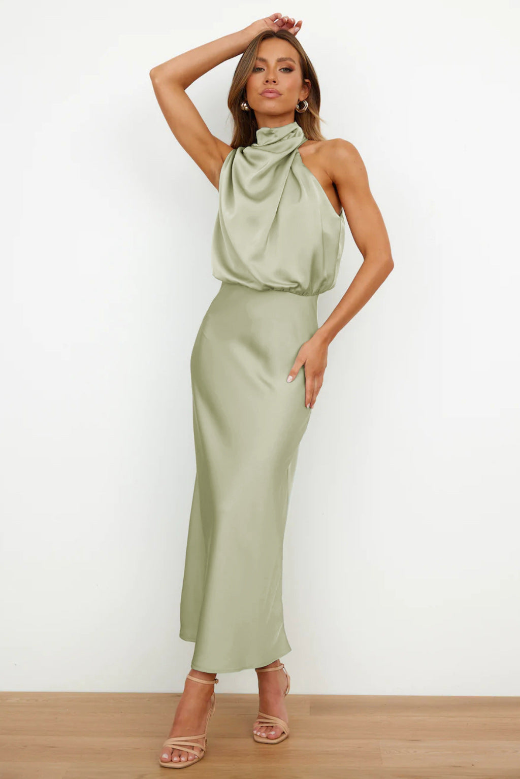 Cordelia | Satin Halter Midi Dress White Summer Maxi Mini — Light Green