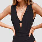 Seraphina | Halter Neck Deep V Tummy Control Jumpsuit Swimsuit — Black