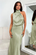 Cordelia | Satin Halter Midi Dress White Summer Maxi Mini