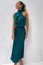 Cordelia | Satin Halter Midi Dress White Summer Maxi Mini — Teal Blue