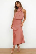 Cordelia | Satin Halter Midi Dress White Summer Maxi Mini — Salmon