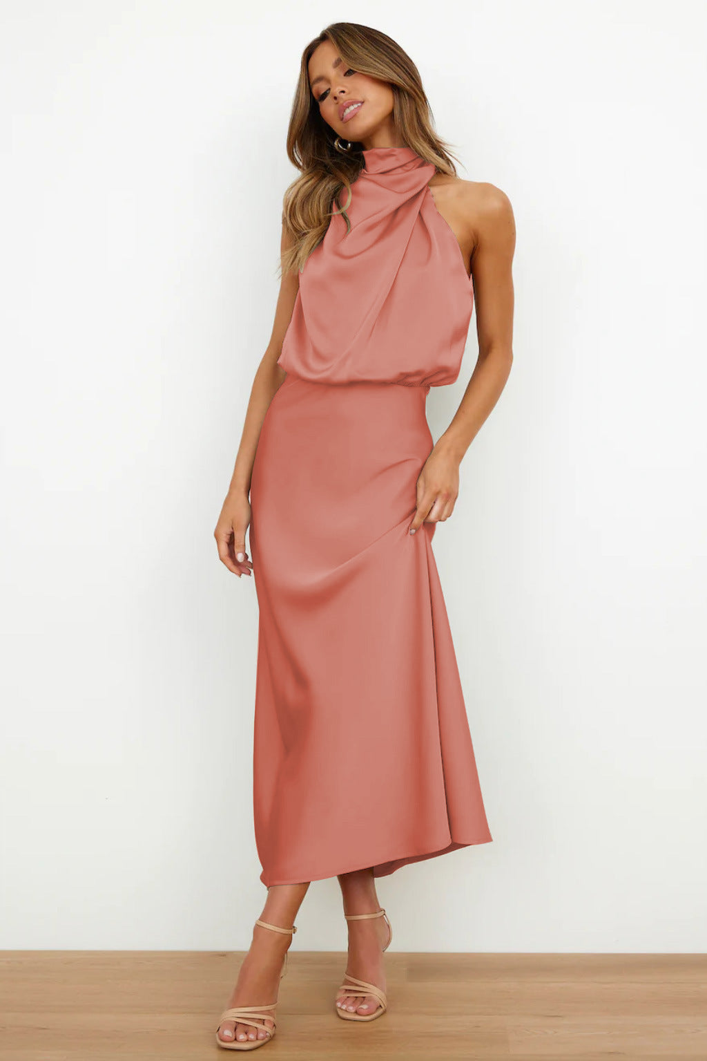 Cordelia | Satin Halter Midi Dress White Summer Maxi Mini — Salmon