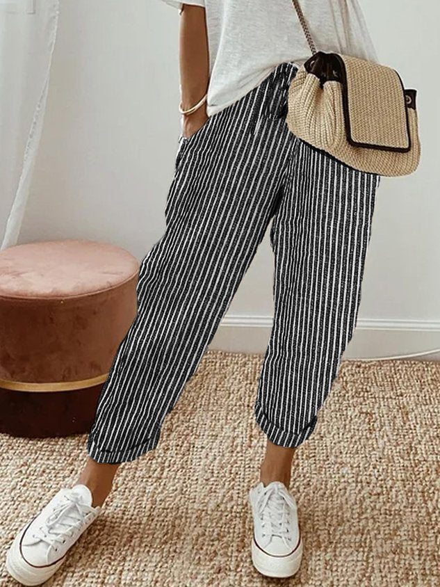 Albane | White Pink Cream Wide Leg Linen Pants Women Summer — Black (Striped)