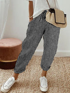 Albane | White Pink Cream Wide Leg Linen Pants Women Summer — Black (Striped)