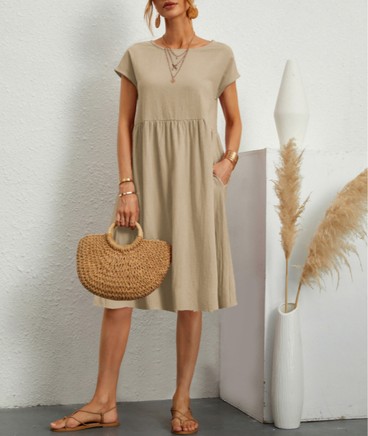 Persephone | White Linen Midi Maxi Dress For Summer Occasions — Khaki