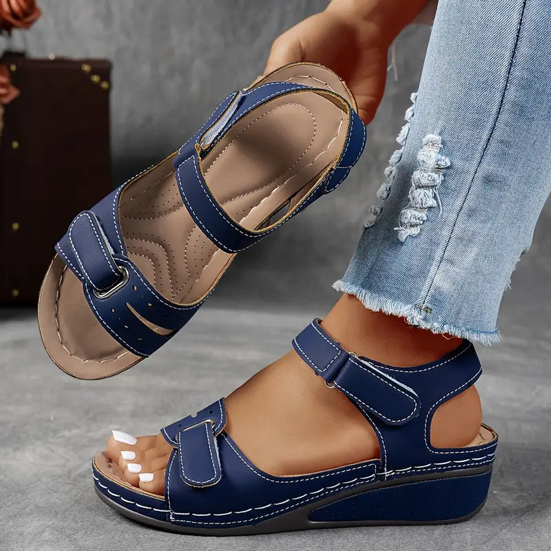 Rosanna | Silver Wedge Low Heel Sandals For Summer Days — Blue