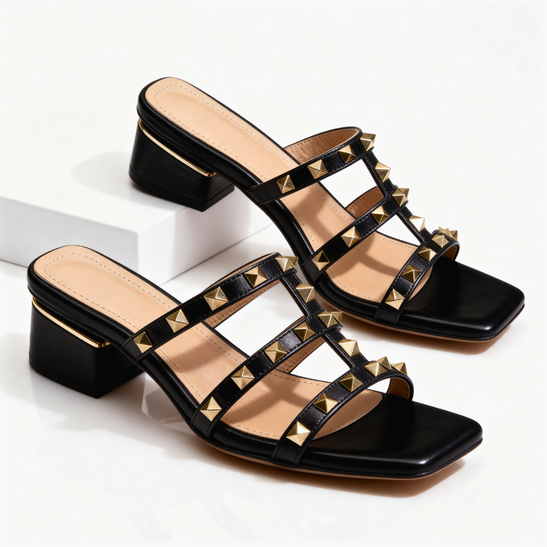 Oriane | Pink Strappy Studded Silver Stiletto Red Heels