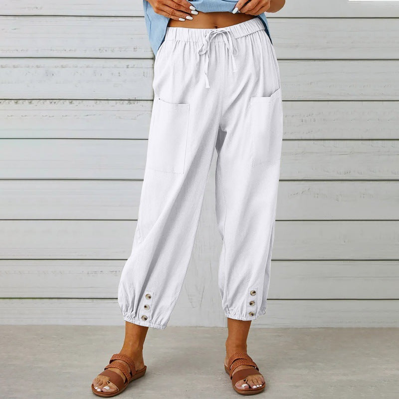Penelope | Wide Leg Linen Cropped Trousers Elasticated Waist Pants — White