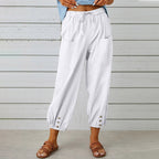 Penelope | Wide Leg Linen Cropped Trousers Elasticated Waist Pants — White