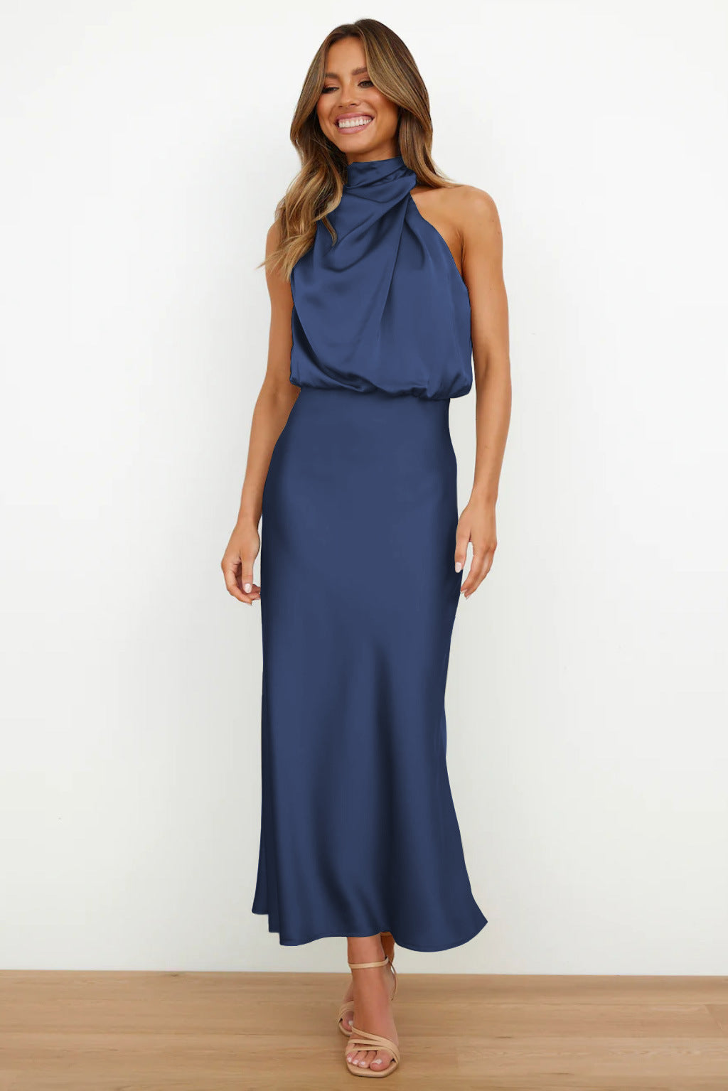 Cordelia | Satin Halter Midi Dress White Summer Maxi Mini — Navy Blue