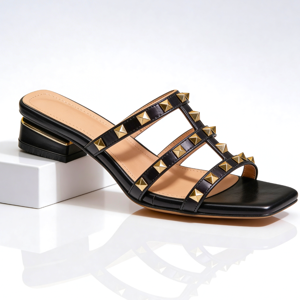 Oriane | Pink Strappy Studded Silver Stiletto Red Heels — Black