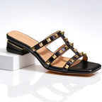 Oriane | Pink Strappy Studded Silver Stiletto Red Heels — Black