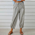 Penelope | Wide Leg Linen Cropped Trousers Elasticated Waist Pants — Light Gray