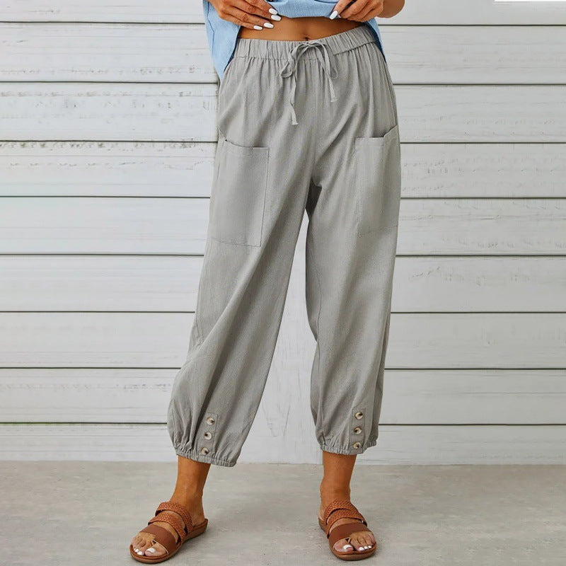 Penelope | Wide Leg Linen Cropped Trousers Elasticated Waist Pants — Light Gray