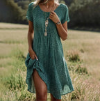 Agathe | Pink Flowy Short Sleeve Summer Midi Dress — Green