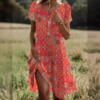 Agathe | Pink Flowy Short Sleeve Summer Midi Dress — Red