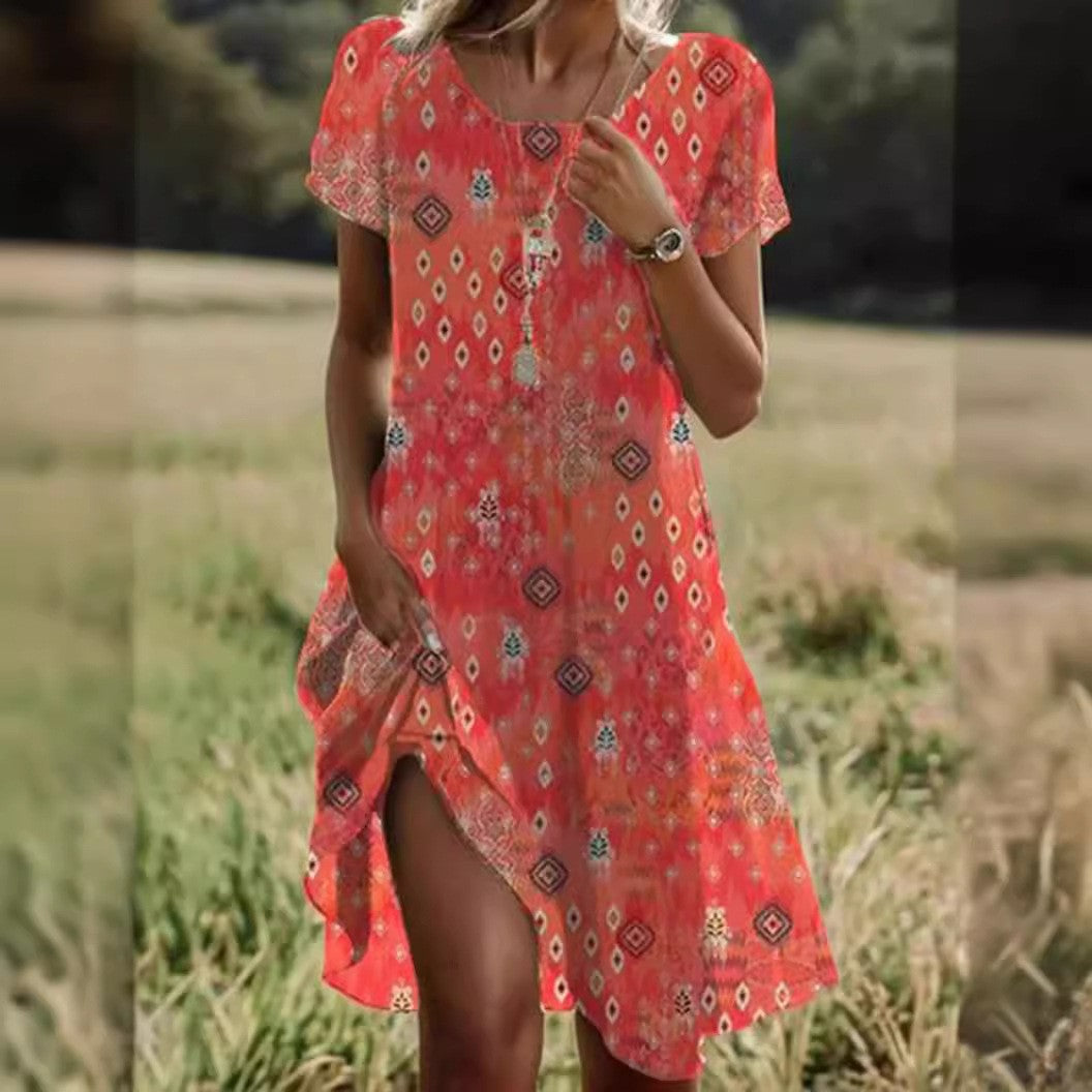 Agathe | Pink Flowy Short Sleeve Summer Midi Dress — Red