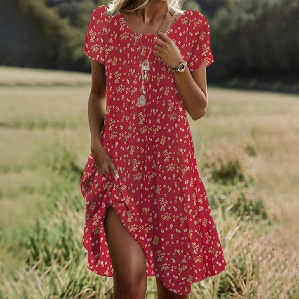 Agathe | Pink Flowy Short Sleeve Summer Midi Dress — Dark red