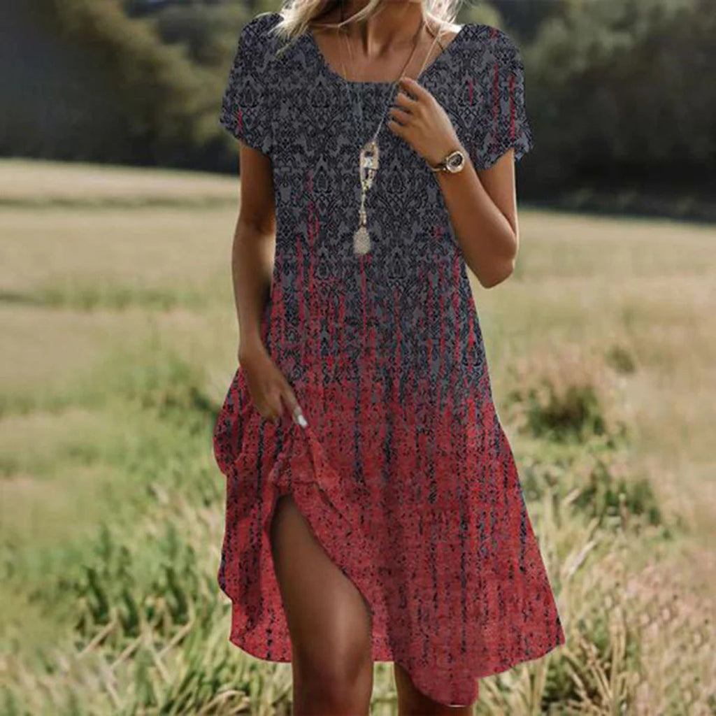 Agathe | Pink Flowy Short Sleeve Summer Midi Dress — Red Gray