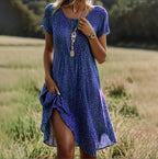 Agathe | Pink Flowy Short Sleeve Summer Midi Dress — Blue