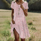 Agathe | Pink Flowy Short Sleeve Summer Midi Dress — Pink