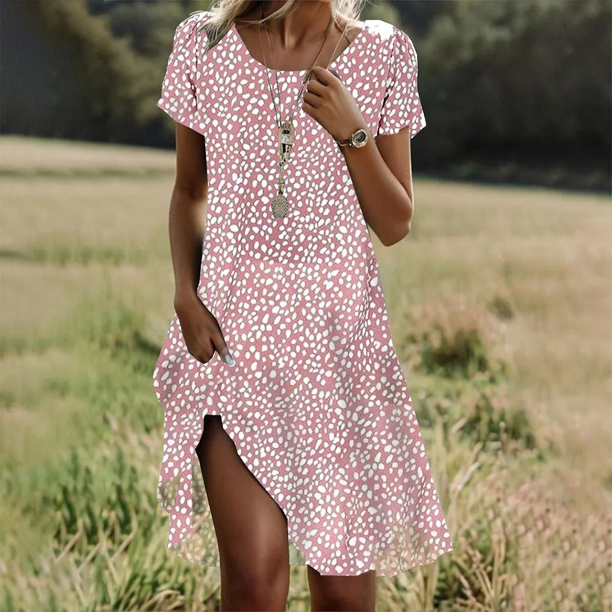 Agathe | Pink Flowy Short Sleeve Summer Midi Dress — Pink