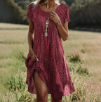 Agathe | Pink Flowy Short Sleeve Summer Midi Dress — Red Dot