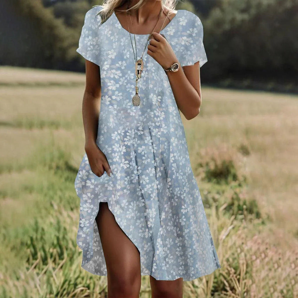 Agathe | Pink Flowy Short Sleeve Summer Midi Dress — Light Blue