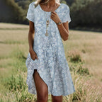 Agathe | Pink Flowy Short Sleeve Summer Midi Dress — Light Blue