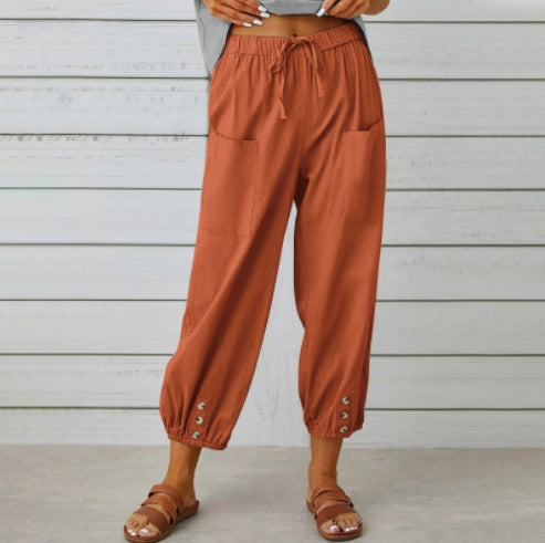 Penelope | Wide Leg Linen Cropped Trousers Elasticated Waist Pants — Brick Red