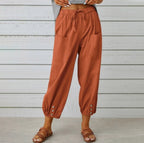 Penelope | Wide Leg Linen Cropped Trousers Elasticated Waist Pants — Brick Red