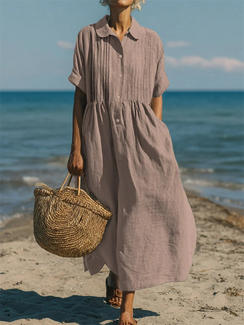 Aurelia | Linen Pintuck Maxi Midi Shirt Dress — Dusty Rose