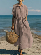Aurelia | Linen Pintuck Maxi Midi Shirt Dress — Dusty Rose