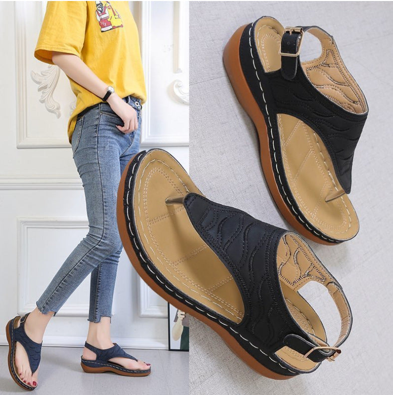 Ingrid | Women Two-Tone Leather Low Heel Roman Sandals — Black