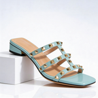 Oriane | Pink Strappy Studded Silver Stiletto Red Heels — Blue