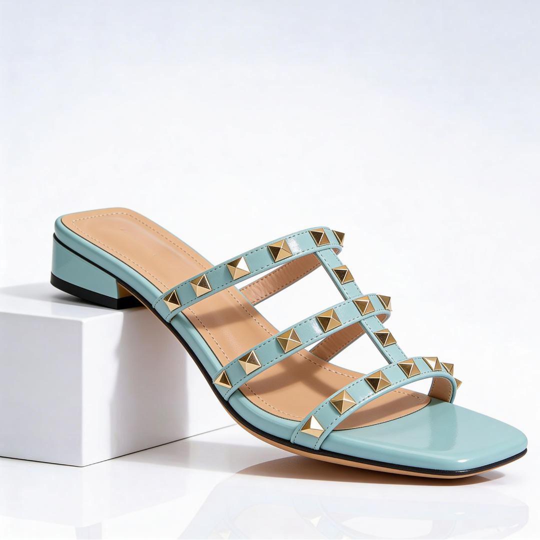 Oriane | Pink Strappy Studded Silver Stiletto Red Heels — Blue