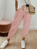 Albane | White Pink Cream Wide Leg Linen Pants Women Summer — Red (Striped)