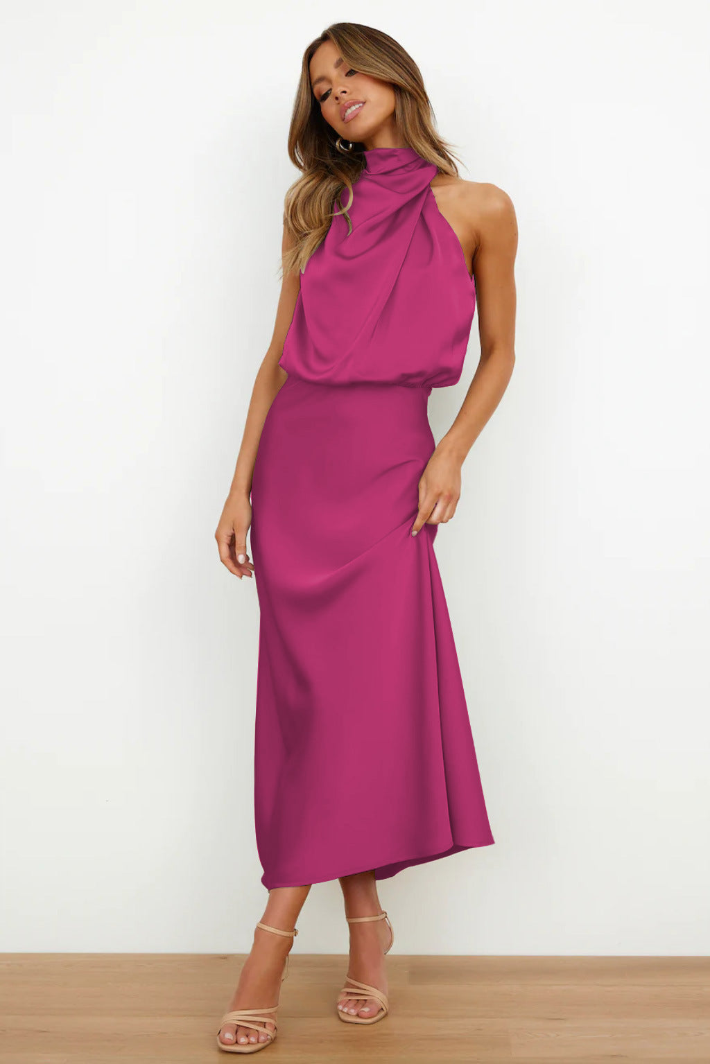Cordelia | Satin Halter Midi Dress White Summer Maxi Mini — Pink