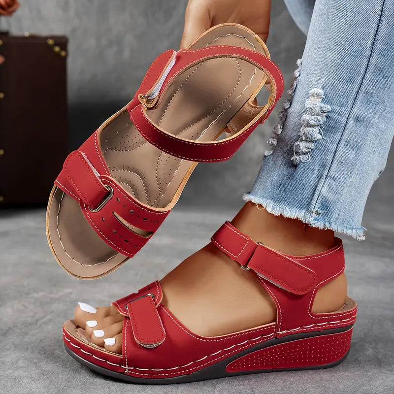 Rosanna | Silver Wedge Low Heel Sandals For Summer Days — Red