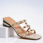 Oriane | Pink Strappy Studded Silver Stiletto Red Heels — Cream