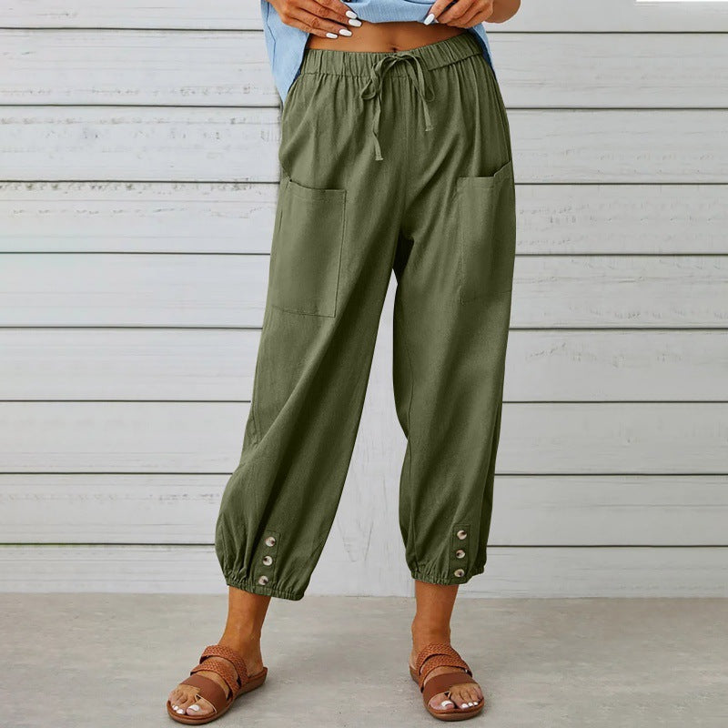 Penelope | Wide Leg Linen Cropped Trousers Elasticated Waist Pants — Army Green