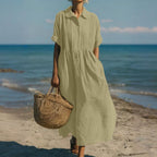 Aurelia | Linen Pintuck Maxi Midi Shirt Dress — Sage Green