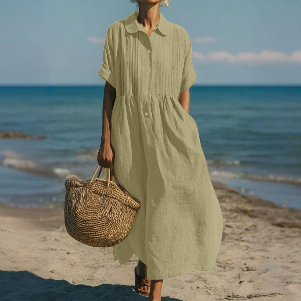 Aurelia | Linen Pintuck Maxi Midi Shirt Dress — Sage Green