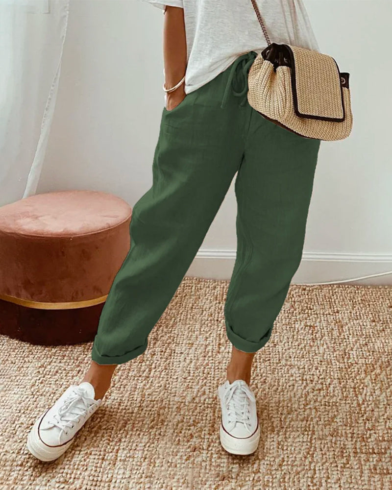 Albane | White Pink Cream Wide Leg Linen Pants Women Summer — Green