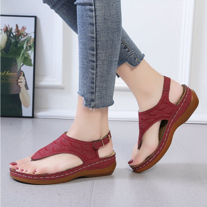 Ingrid | Women Two-Tone Leather Low Heel Roman Sandals — Red