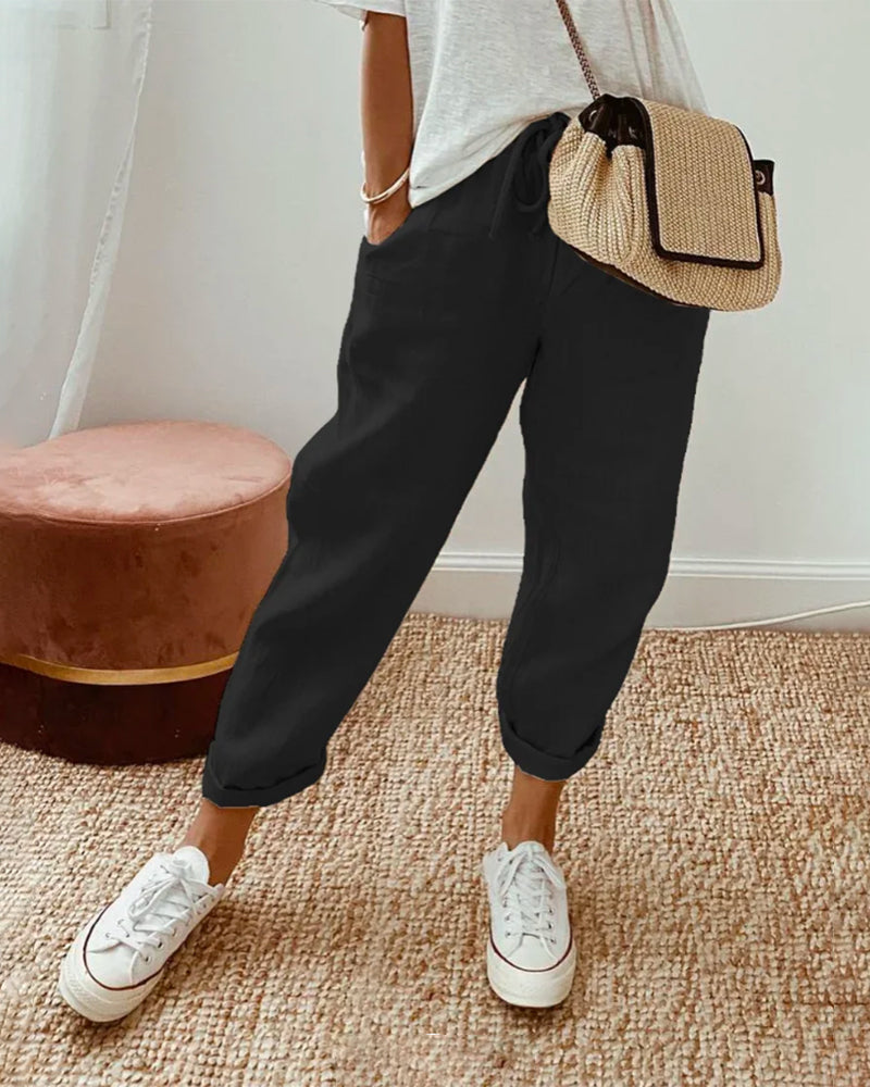 Albane | White Pink Cream Wide Leg Linen Pants Women Summer — Black