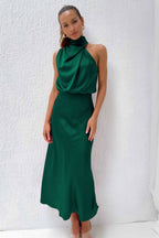Cordelia | Satin Halter Midi Dress White Summer Maxi Mini — Green