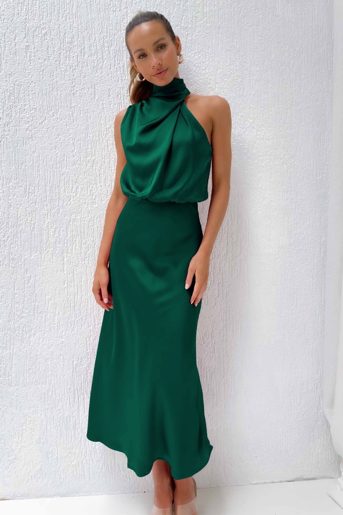 Cordelia | Satin Halter Midi Dress White Summer Maxi Mini — Green