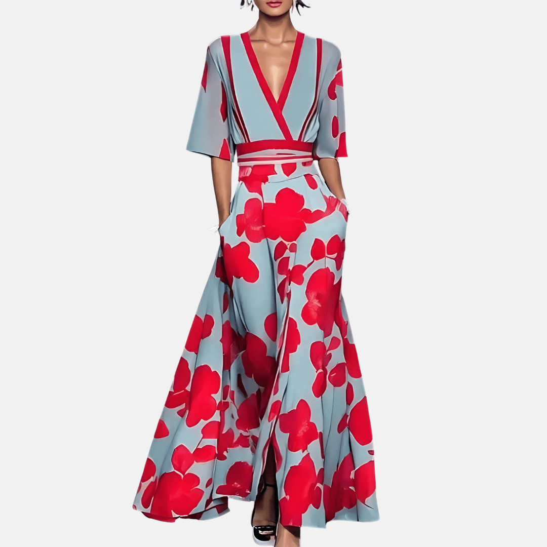 Celeste | Flowy Purple Pink Floral Maxi Midi Dress — Red