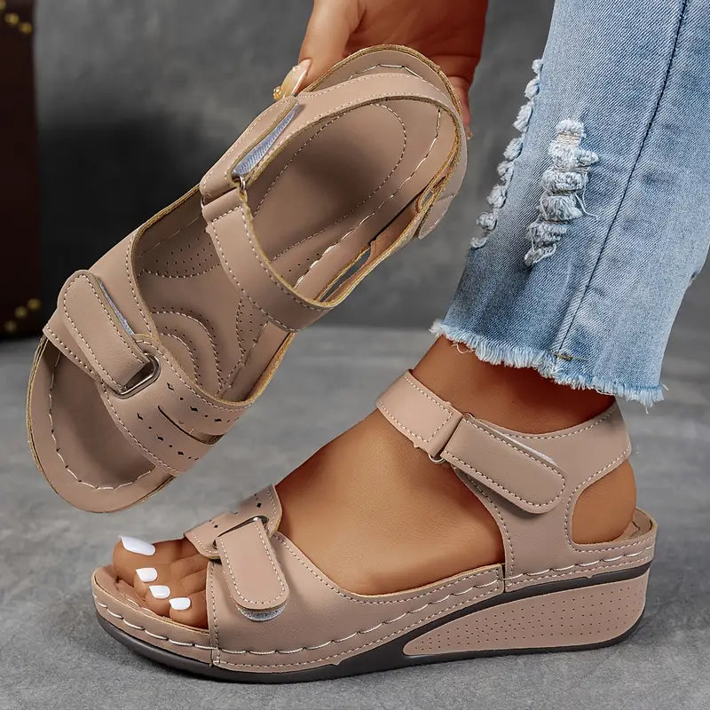 Rosanna | Silver Wedge Low Heel Sandals For Summer Days — Khaki